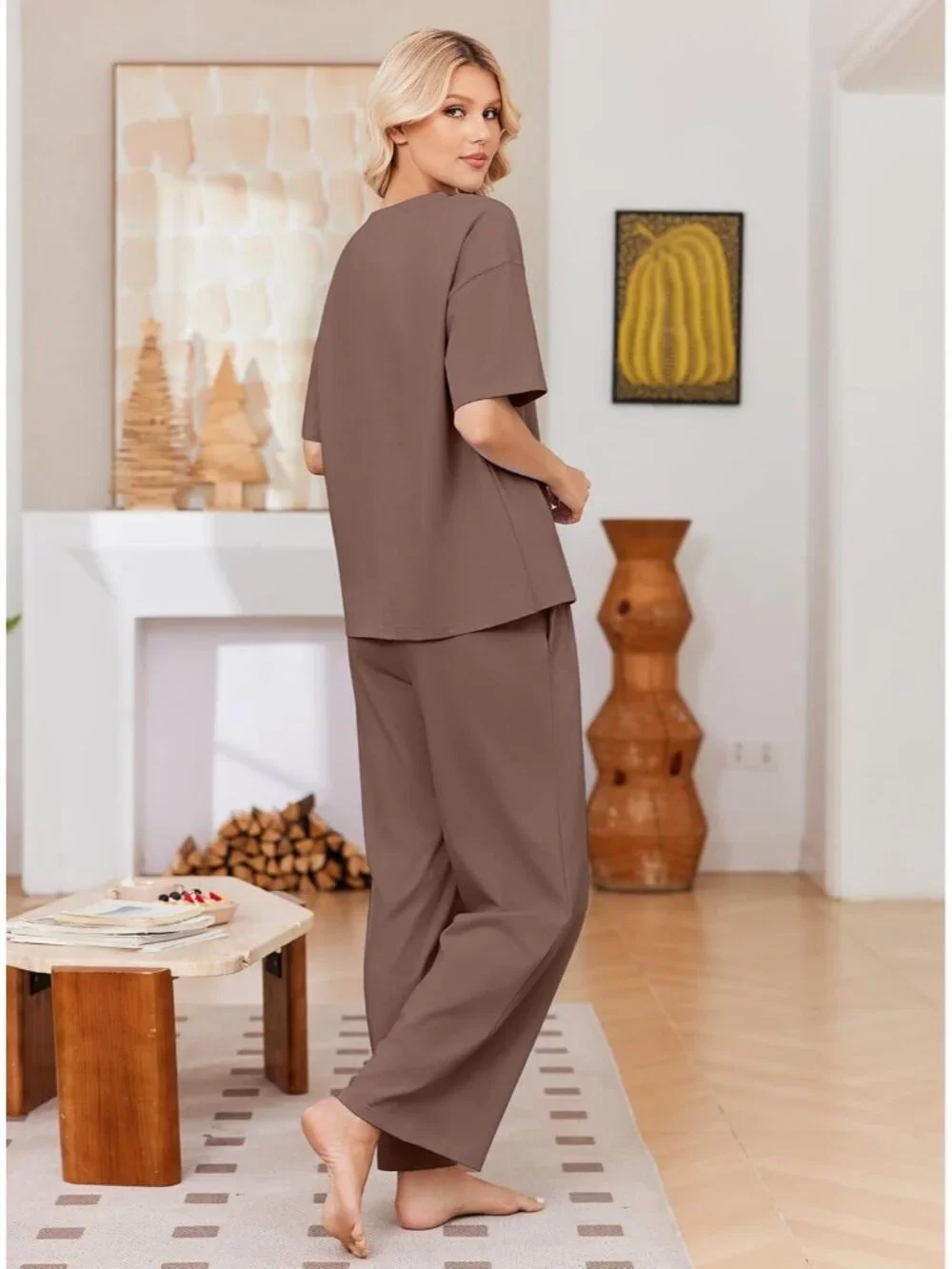Women's Brown Cotton Short Sleeve Sleepwear Pant Pockets Pajama Set